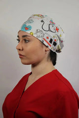 White Unisex Medical Cap – Surgical Hat with Ambulance Print