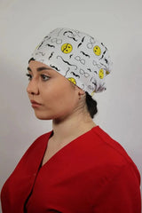 White Unisex Medical Cap – Surgical Hat with Moustache Print