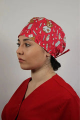 Red Unisex Medical Cap – Surgical Hat with Teddy Bear Print