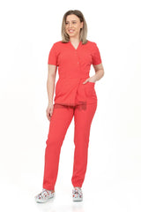 Coral Red - Women - Belted Scrub Set Elastane