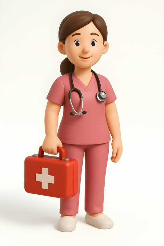 Cartoon nurse holding a red first aid kit.